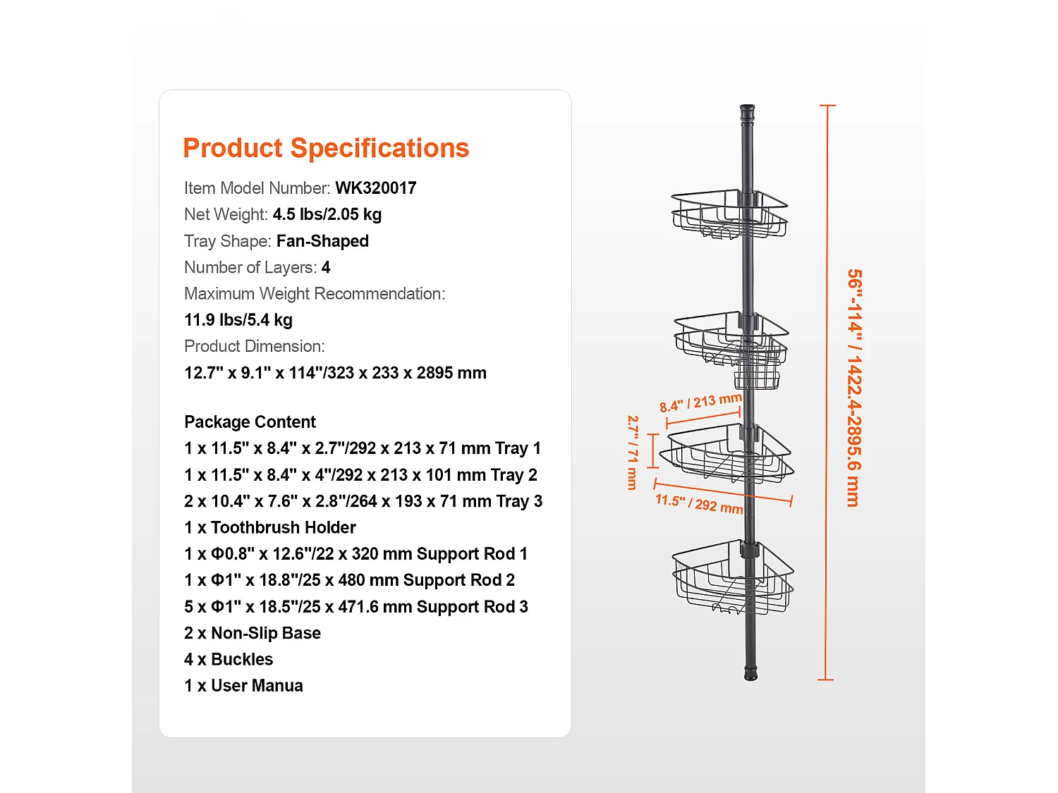 Eckregal für die Dusche SucceBuy Dusch-Eckregal Spannstange für 1.42m-2.90m Höhe Eck-Duschkorb Rostfrei