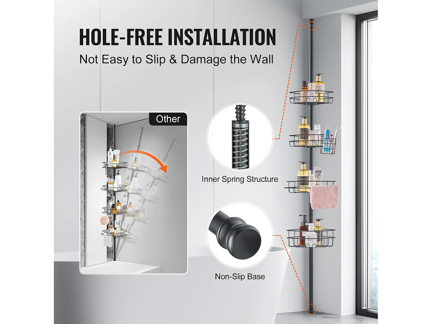 Eckregal für die Dusche SucceBuy Dusch-Eckregal Spannstange für 1.42m-2.90m Höhe Eck-Duschkorb Rostfrei