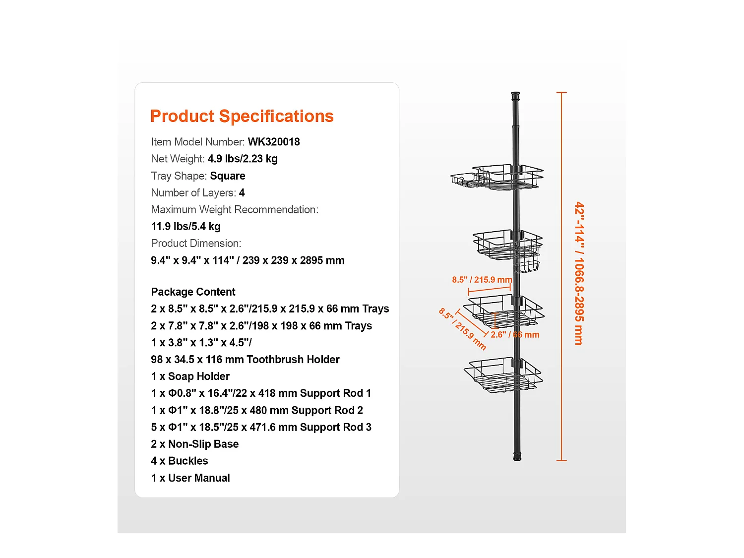 Étagère d'Angle de Douche SucceBuy Poteau de Tension pour Panier de Douche d'Angle de 1.06 m à 2.90 m de Hauteur, Antirouille