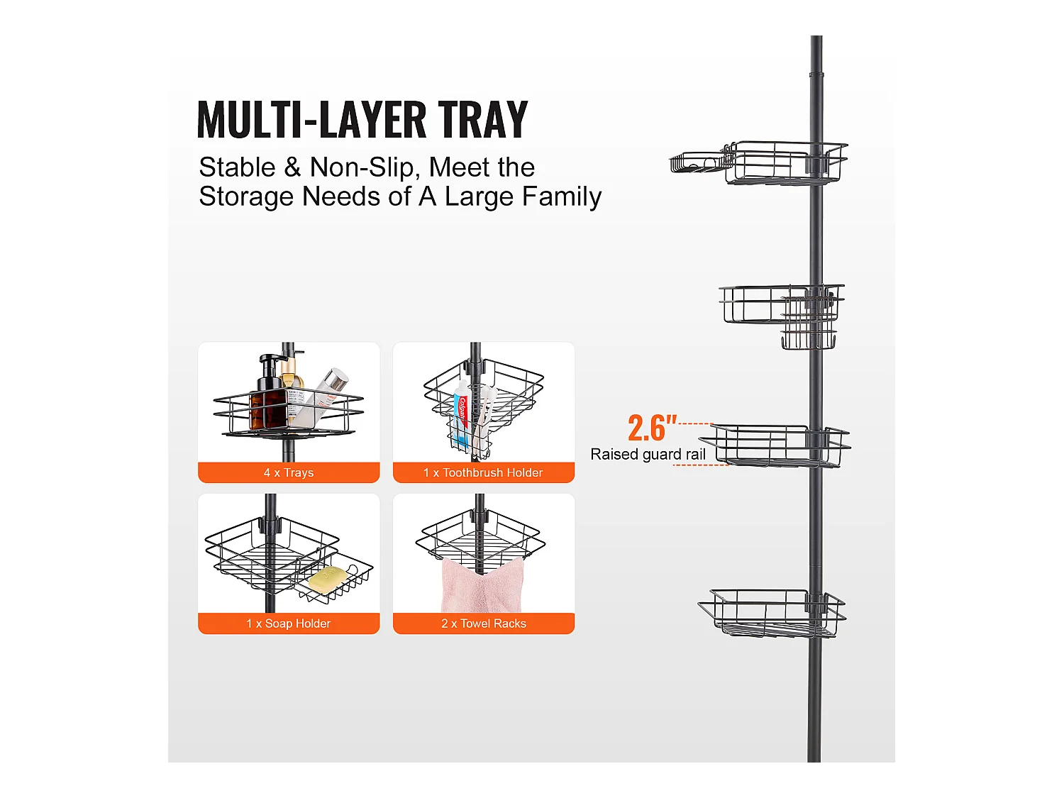 Étagère d'Angle de Douche SucceBuy Poteau de Tension pour Panier de Douche d'Angle de 1.06 m à 2.90 m de Hauteur, Antirouille