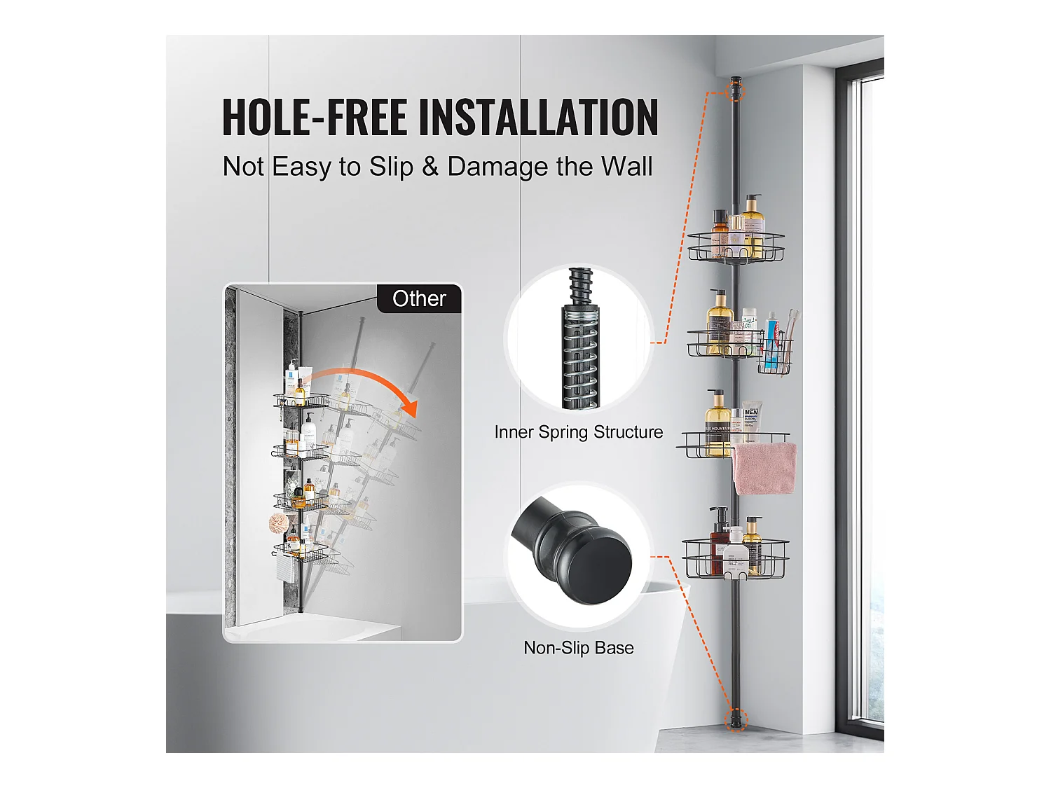 Étagère d'Angle de Douche SucceBuy Poteau de Tension pour Panier de Douche d'Angle de 1.06 m à 2.90 m de Hauteur, Antirouille