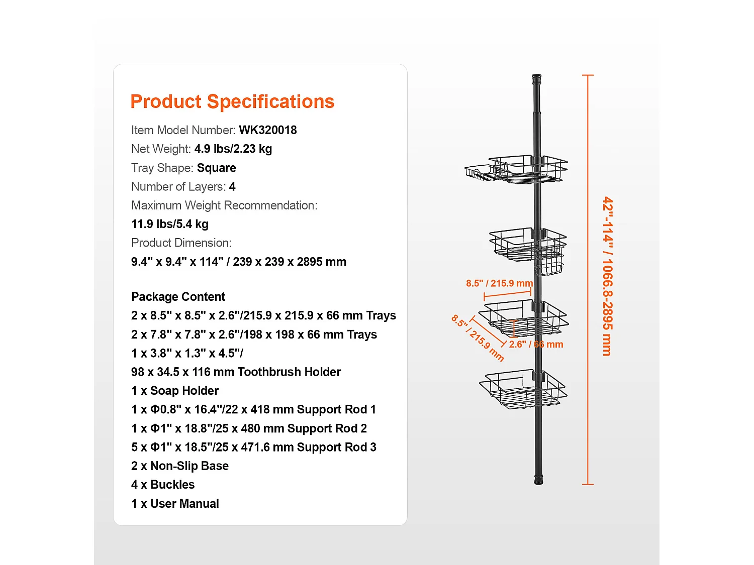 Étagère d'Angle de Douche SucceBuy Poteau de Tension pour Panier de Douche d'Angle de 1.06 m à 2.90 m de Hauteur, Antirouille