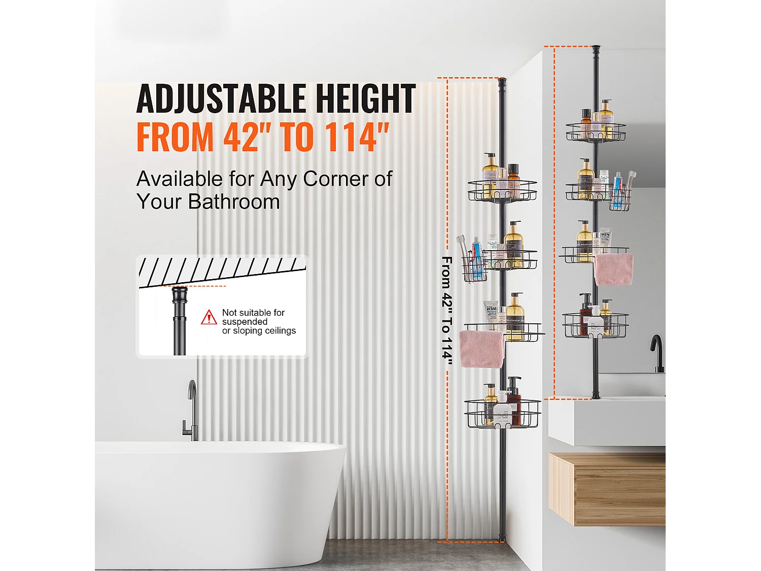 Étagère d'Angle de Douche SucceBuy Poteau de Tension pour Panier de Douche d'Angle de 1.06 m à 2.90 m de Hauteur, Antirouille