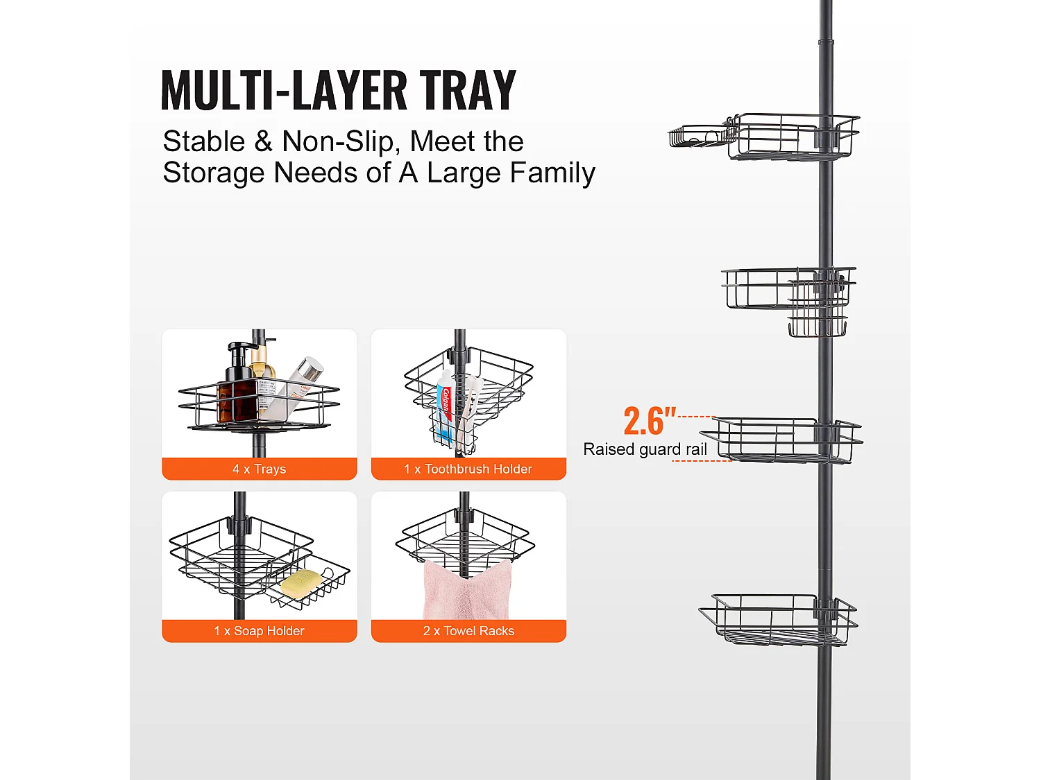 Étagère d'Angle de Douche SucceBuy Poteau de Tension pour Panier de Douche d'Angle de 1.06 m à 2.90 m de Hauteur, Antirouille