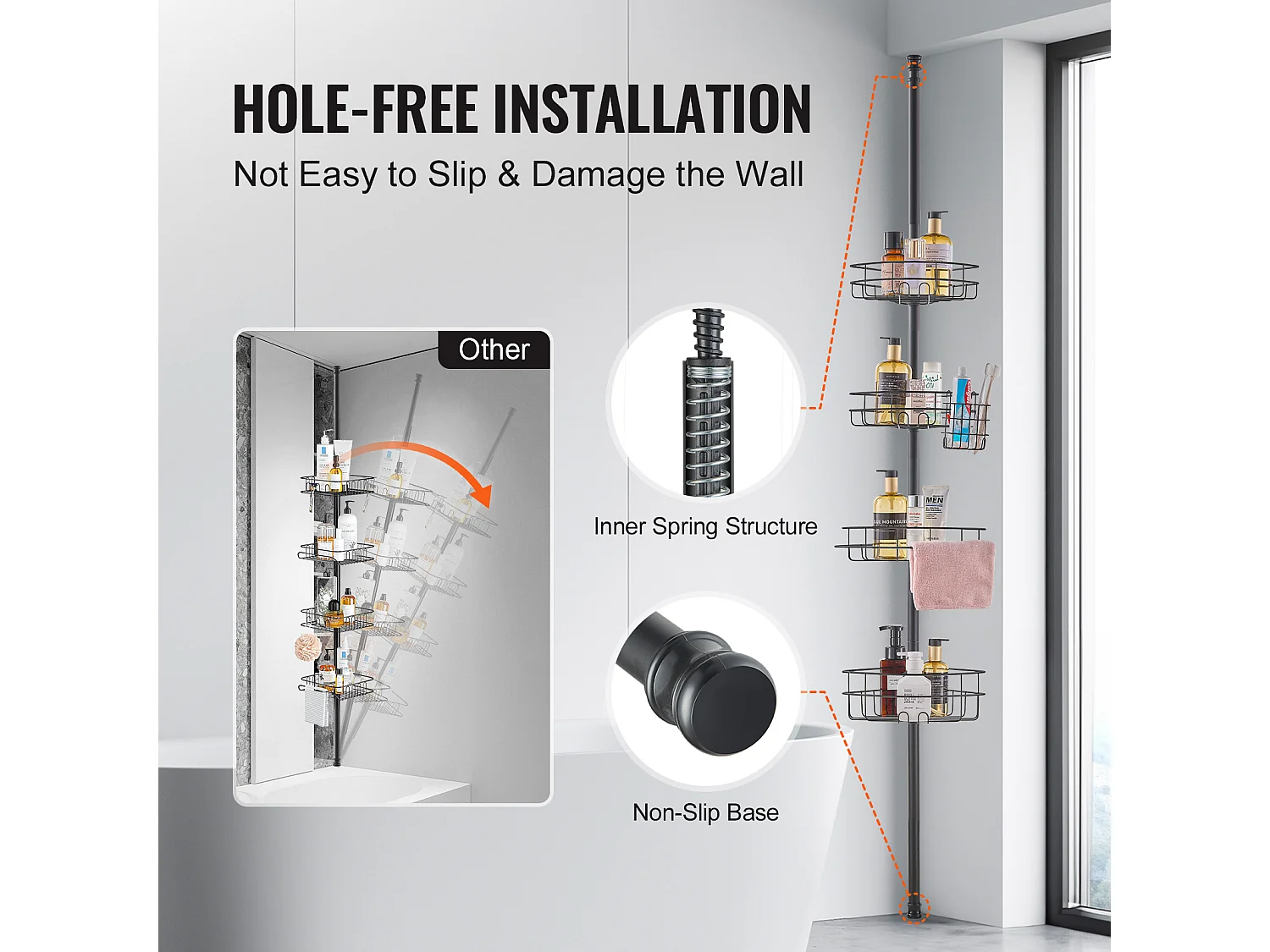 Étagère d'Angle de Douche SucceBuy Poteau de Tension pour Panier de Douche d'Angle de 1.06 m à 2.90 m de Hauteur, Antirouille