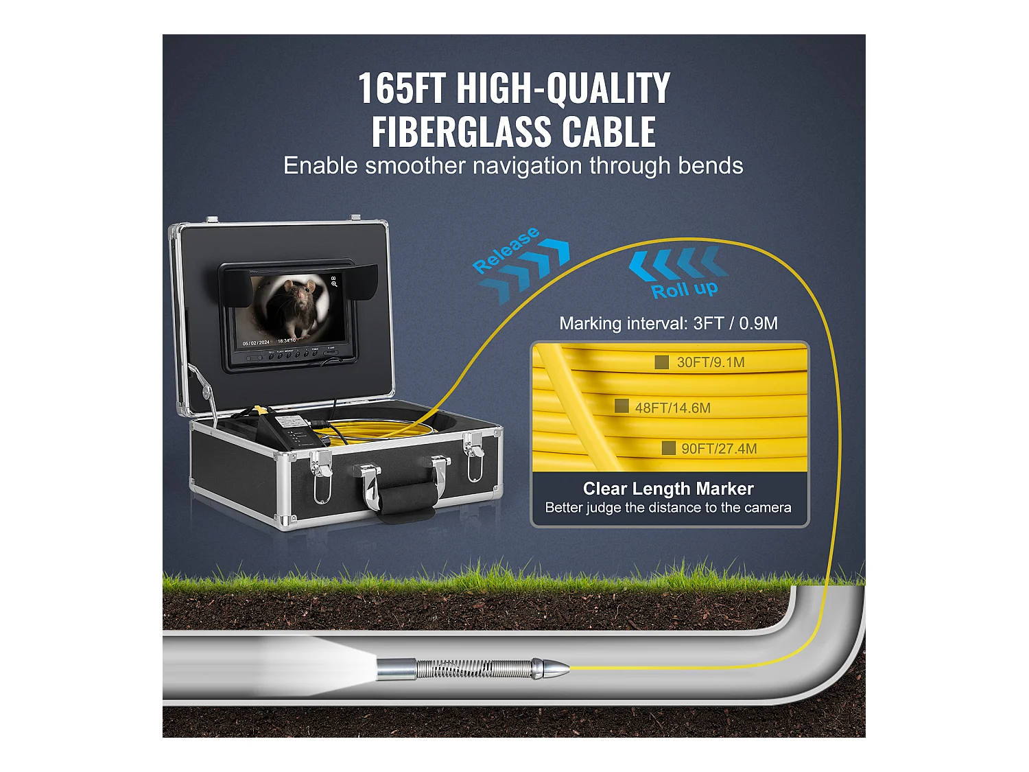 Caméra d'Égout SucceBuy, 50m de Long, Caméra de Conduit à Nivellement Automatique avec Localisateur 512 Hz et Zoom 36X