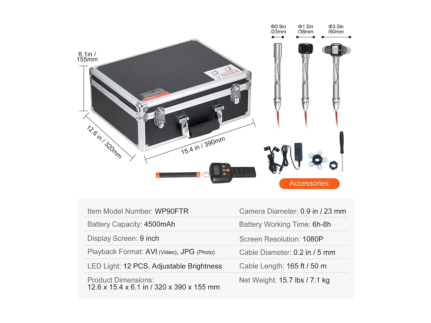 Caméra d'Égout SucceBuy, 50m de Long, Caméra de Conduit à Nivellement Automatique avec Localisateur 512 Hz et Zoom 36X