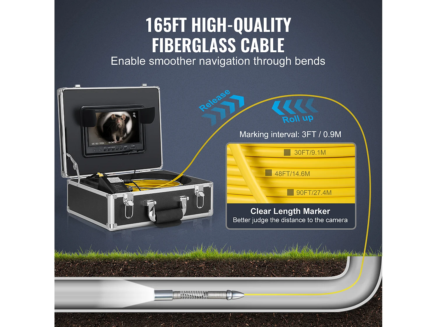 Caméra d'Égout SucceBuy, 50m de Long, Caméra de Conduit à Nivellement Automatique avec Localisateur 512 Hz et Zoom 36X