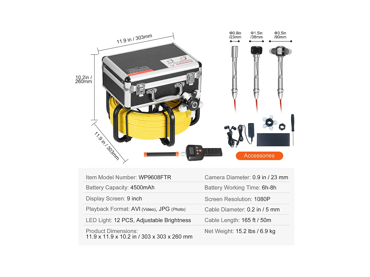 Caméra d'Égout SucceBuy, Taille 50 m, Caméra de Conduit de Drainage à Nivellement Automatique avec Localisateur 512 Hz