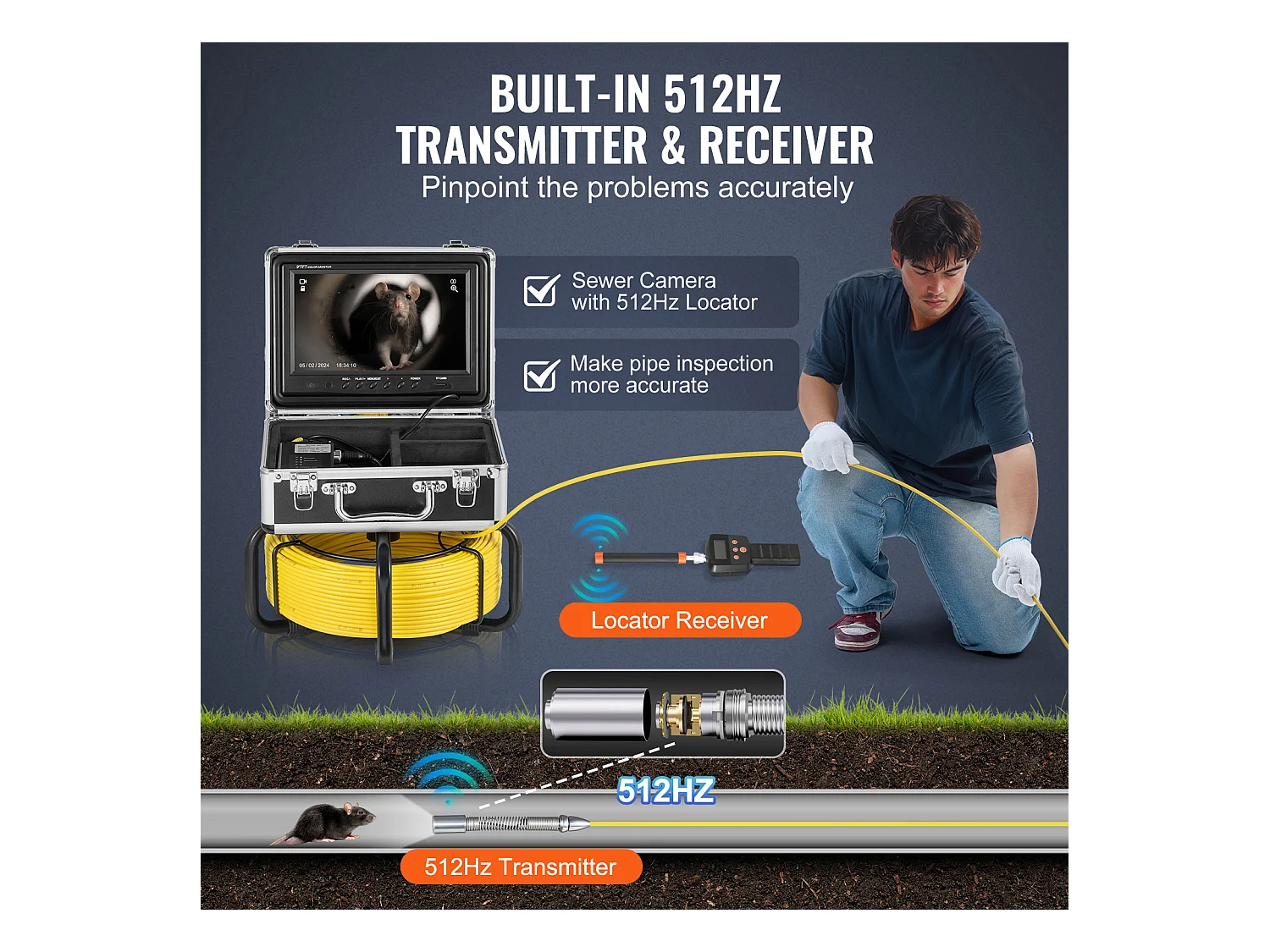 Caméra d'Égout SucceBuy, Taille 50 m, Caméra de Conduit de Drainage à Nivellement Automatique avec Localisateur 512 Hz