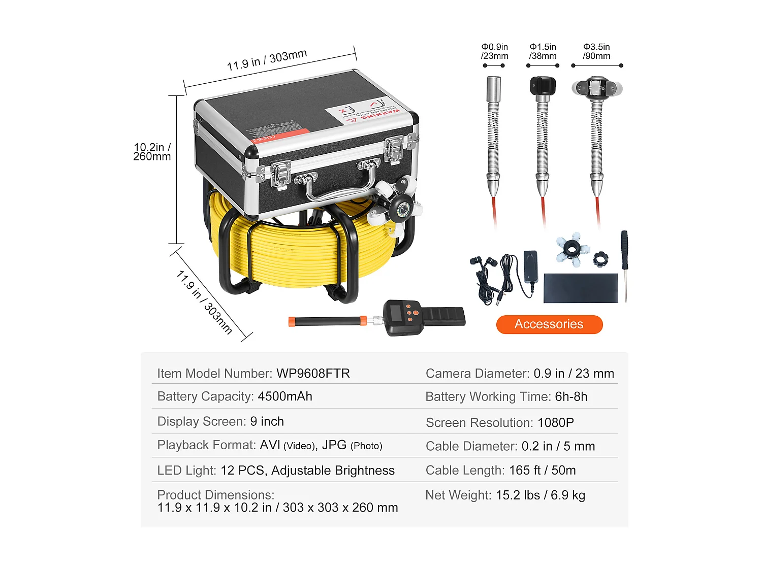 Caméra d'Égout SucceBuy, Taille 50 m, Caméra de Conduit de Drainage à Nivellement Automatique avec Localisateur 512 Hz