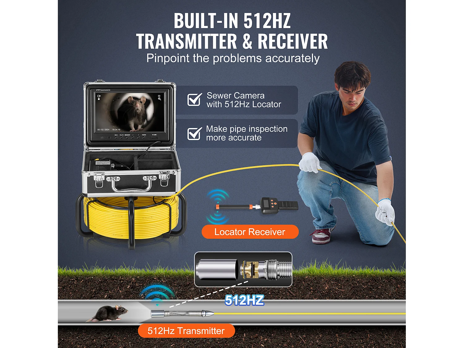 Caméra d'Égout SucceBuy, Taille 50 m, Caméra de Conduit de Drainage à Nivellement Automatique avec Localisateur 512 Hz