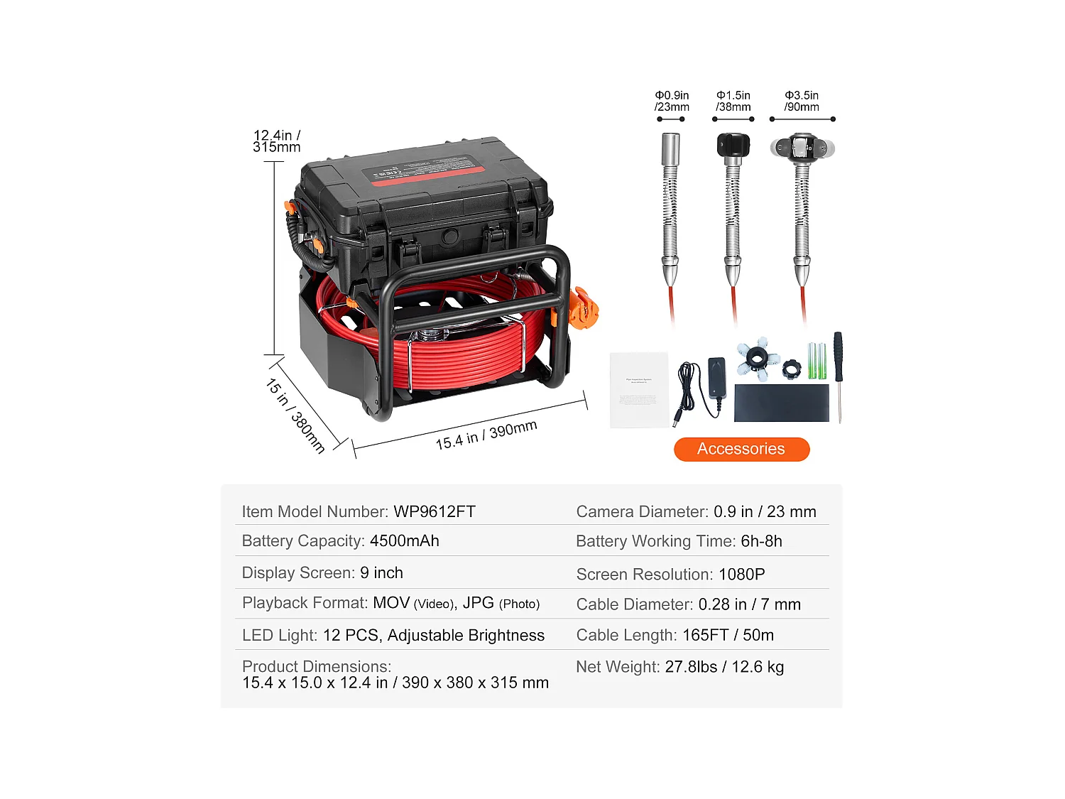 Caméra d'Égout SucceBuy,50 m de Longueur, Caméra de Drainage à Nivellement Automatique avec Émetteur 512 Hz