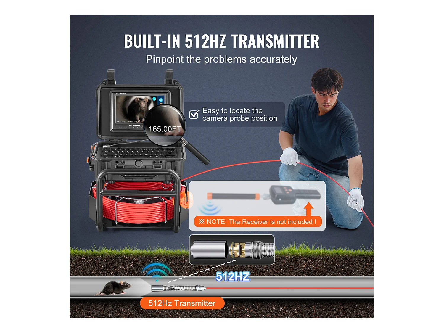 Caméra d'Égout SucceBuy,50 m de Longueur, Caméra de Drainage à Nivellement Automatique avec Émetteur 512 Hz