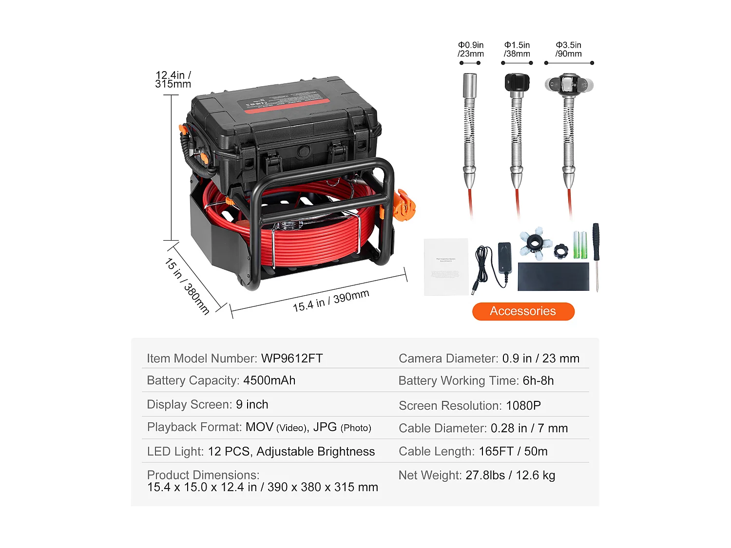 Caméra d'Égout SucceBuy,50 m de Longueur, Caméra de Drainage à Nivellement Automatique avec Émetteur 512 Hz