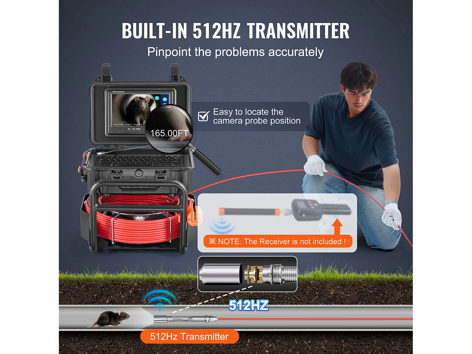 Caméra d'Égout SucceBuy,50 m de Longueur, Caméra de Drainage à Nivellement Automatique avec Émetteur 512 Hz