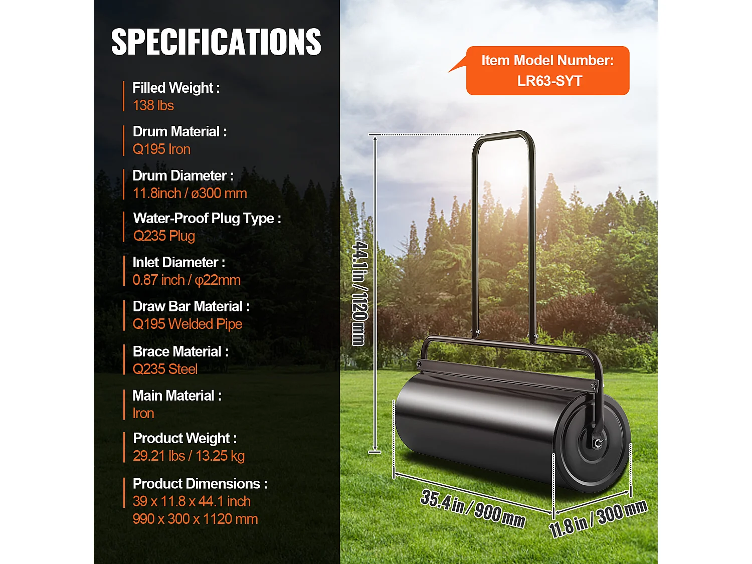 Rouleau à  Gazon SucceBuy de 64L, Rouleau de Gazon en Acier Rempli de Sable/Eau, à Pousser