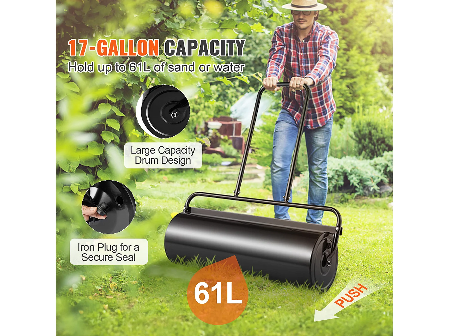 Rouleau à  Gazon SucceBuy de 64L, Rouleau de Gazon en Acier Rempli de Sable/Eau, à Pousser