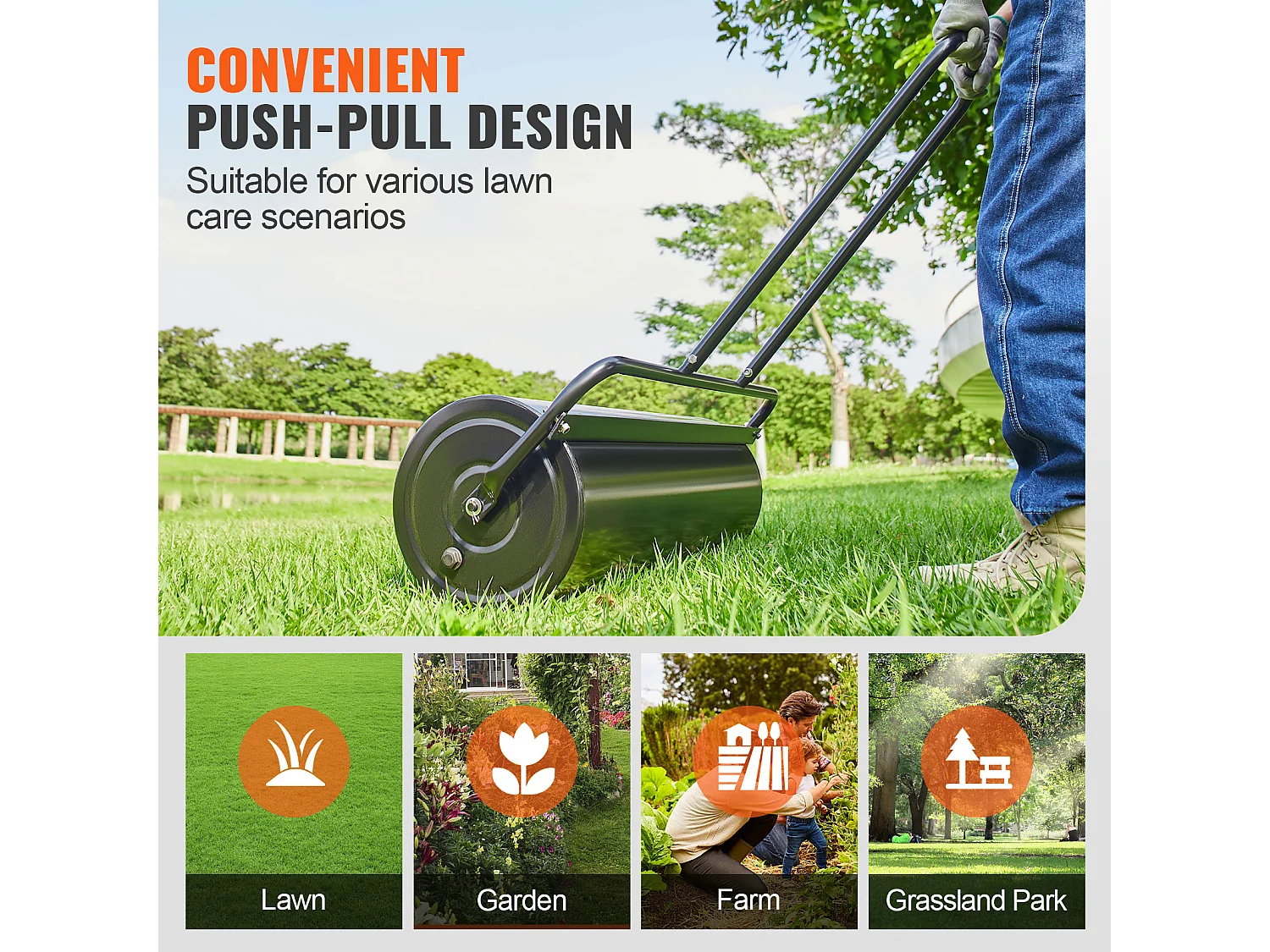 Rouleau à  Gazon SucceBuy de 64L, Rouleau de Gazon en Acier Rempli de Sable/Eau, à Pousser