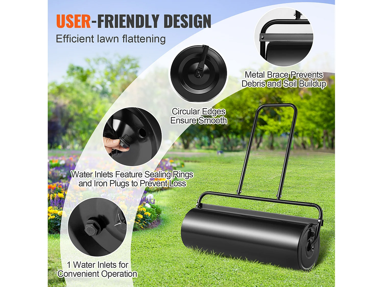 Rouleau à  Gazon SucceBuy de 64L, Rouleau de Gazon en Acier Rempli de Sable/Eau, à Pousser