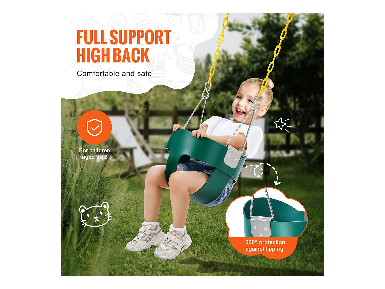 Siège de Balançoire pour Tout-Petits SucceBuy, Dossier Haut, Baquet Complet, Capacité de 68 kg, Balançoire pour Bébé