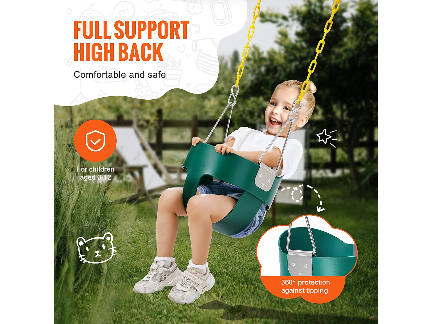 Siège de Balançoire pour Tout-Petits SucceBuy, Dossier Haut, Baquet Complet, Capacité de 68 kg, Balançoire pour Bébé