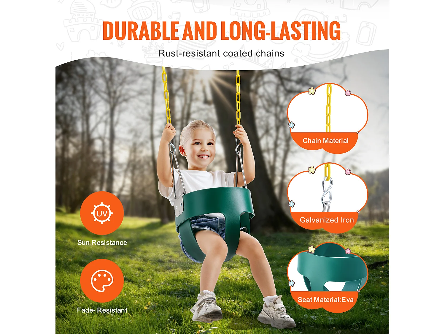 Siège de Balançoire pour Tout-Petits SucceBuy, Dossier Haut, Baquet Complet, Capacité de 68 kg, Balançoire pour Bébé