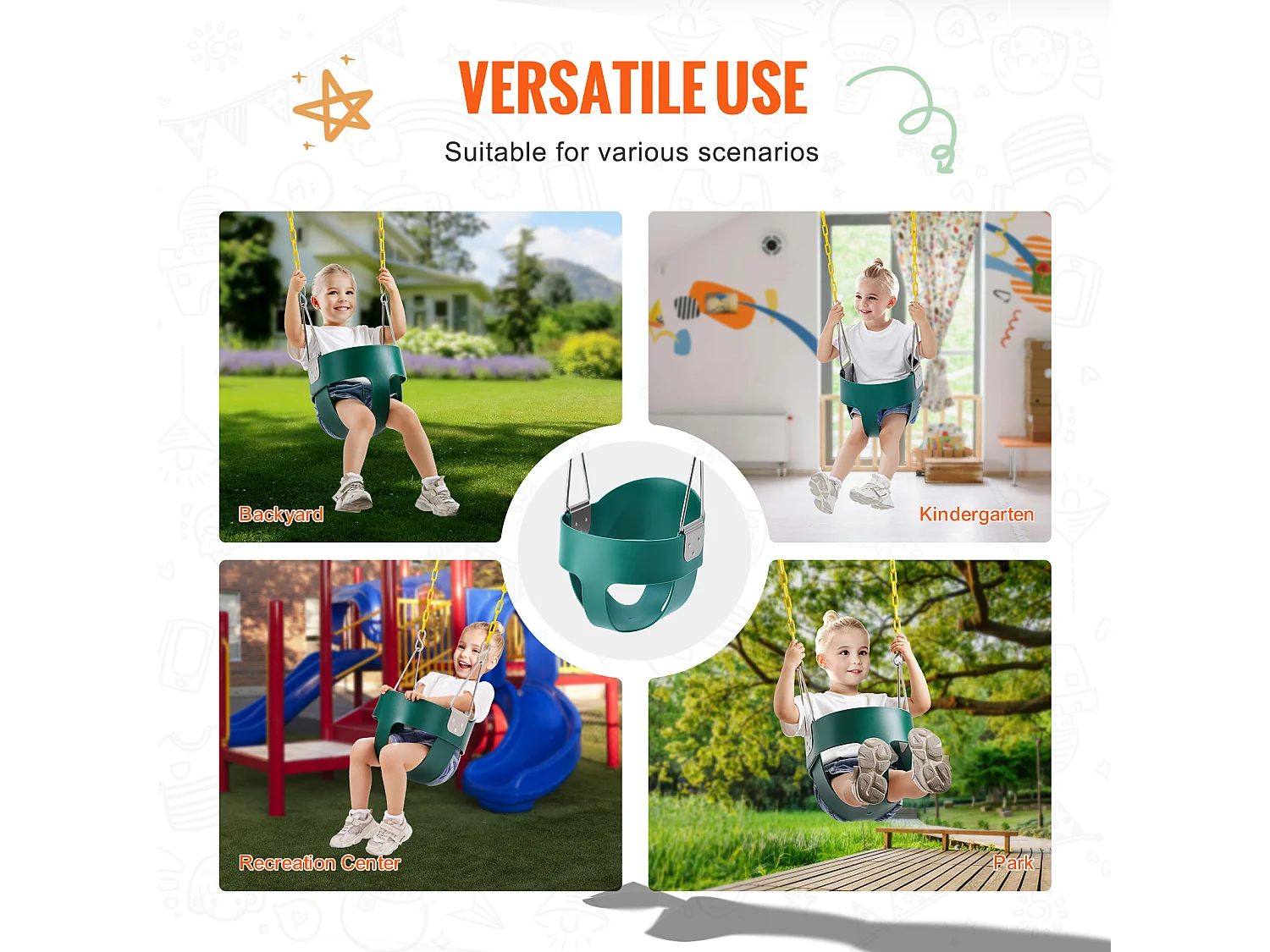 Siège de Balançoire pour Tout-Petits SucceBuy, Dossier Haut, Baquet Complet, Capacité de 68 kg, Balançoire pour Bébé