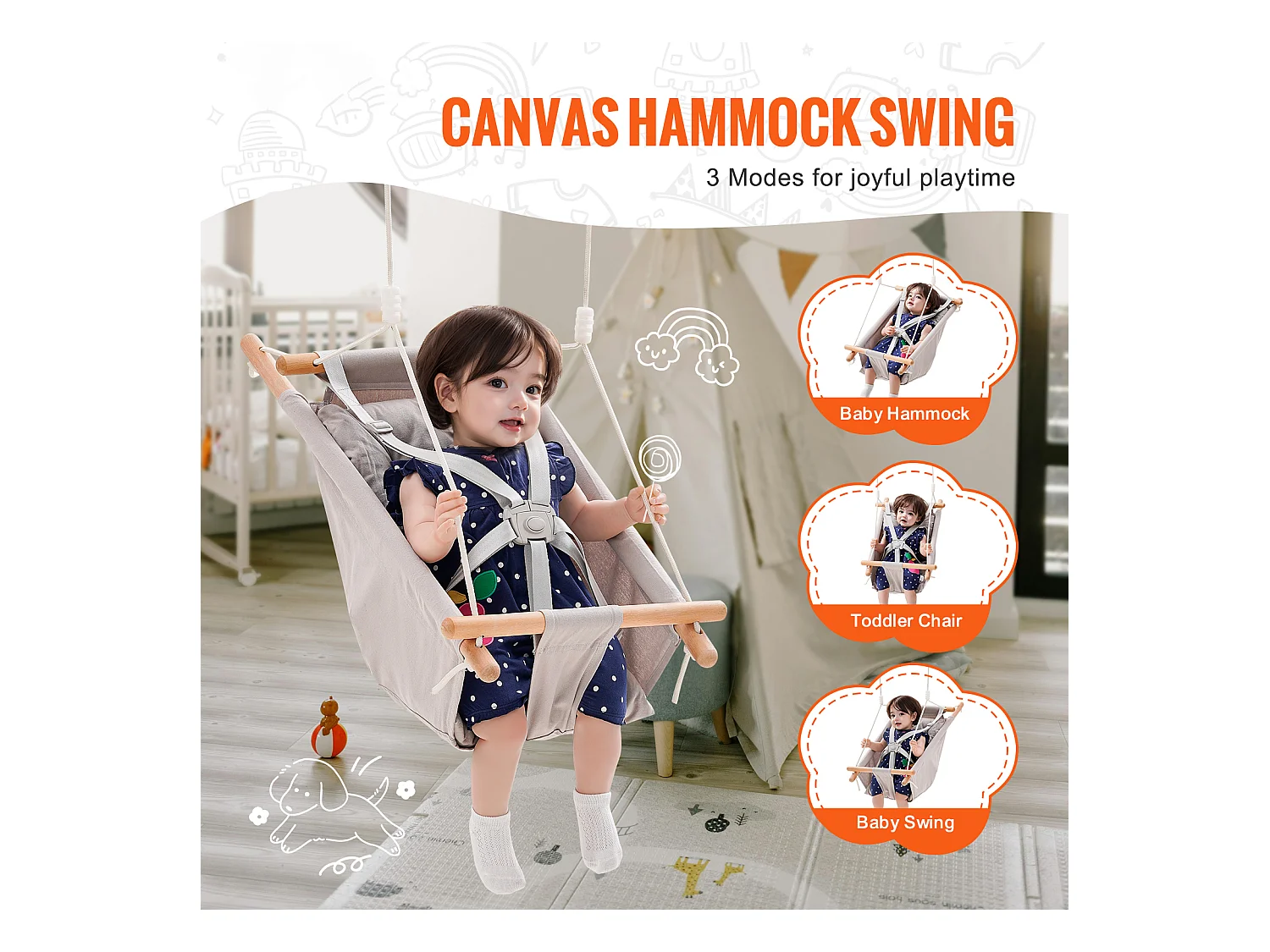 Siège de Balançoire Hamac en Toile SucceBuy, Balançoire pour Bébé à 3 Modes, Harnais à 5 Points, Utilisation Intérieure/Extérieure