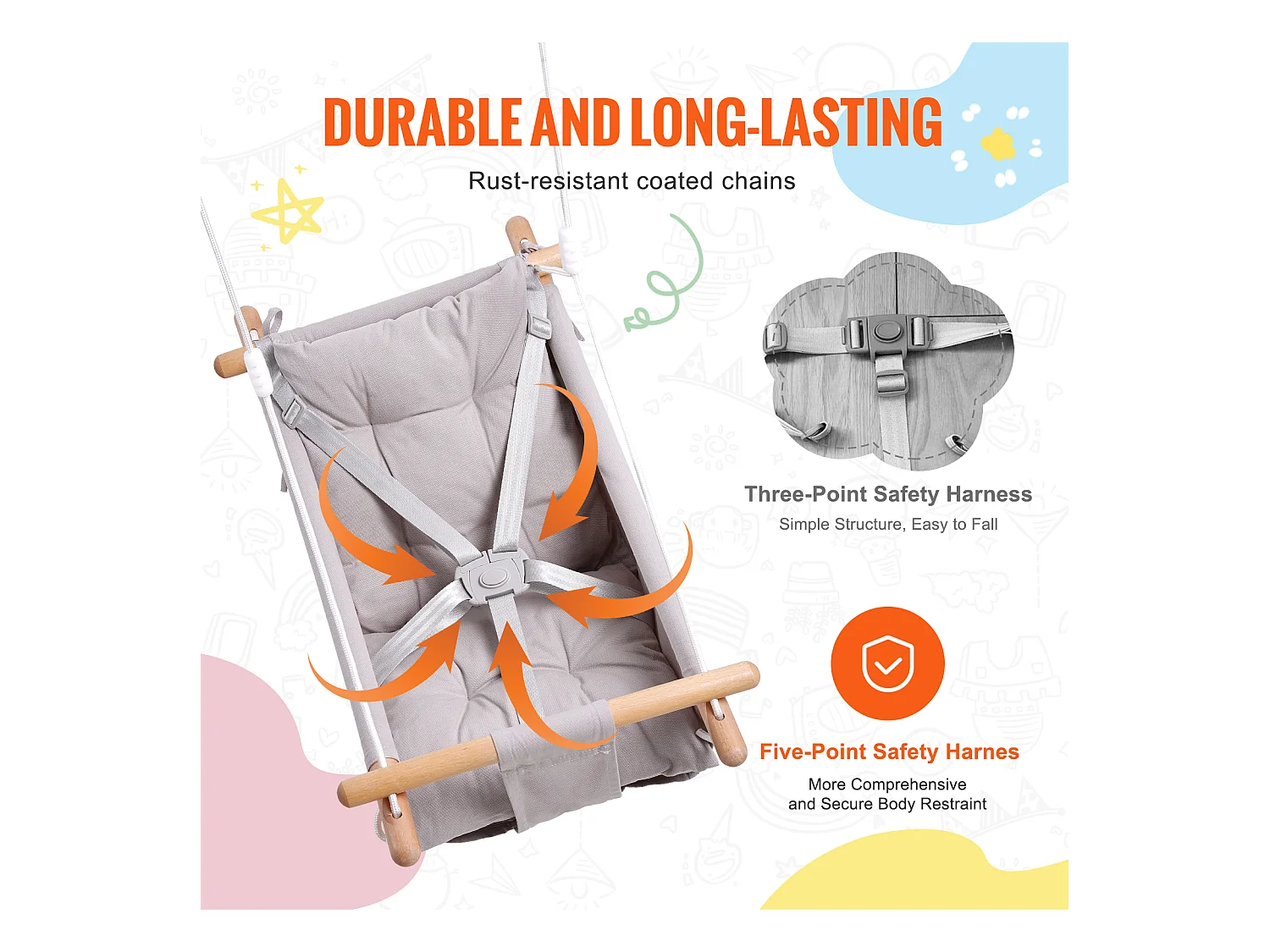 Siège de Balançoire Hamac en Toile SucceBuy, Balançoire pour Bébé à 3 Modes, Harnais à 5 Points, Utilisation Intérieure/Extérieure