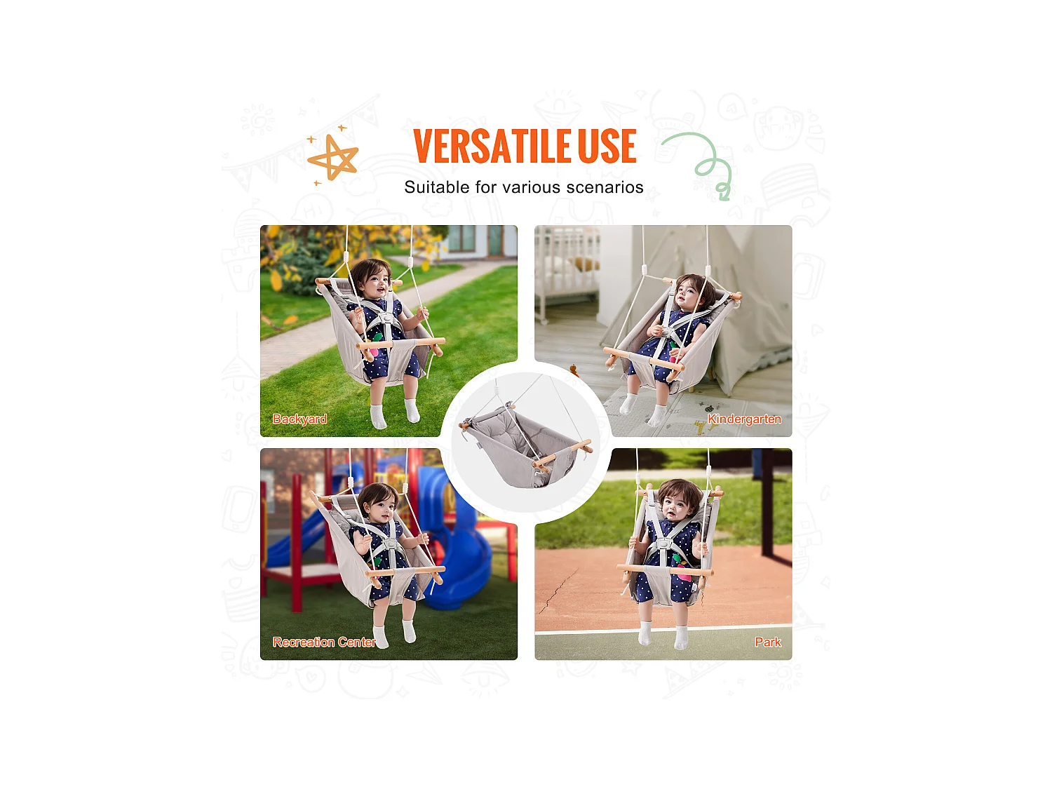 Siège de Balançoire Hamac en Toile SucceBuy, Balançoire pour Bébé à 3 Modes, Harnais à 5 Points, Utilisation Intérieure/Extérieure