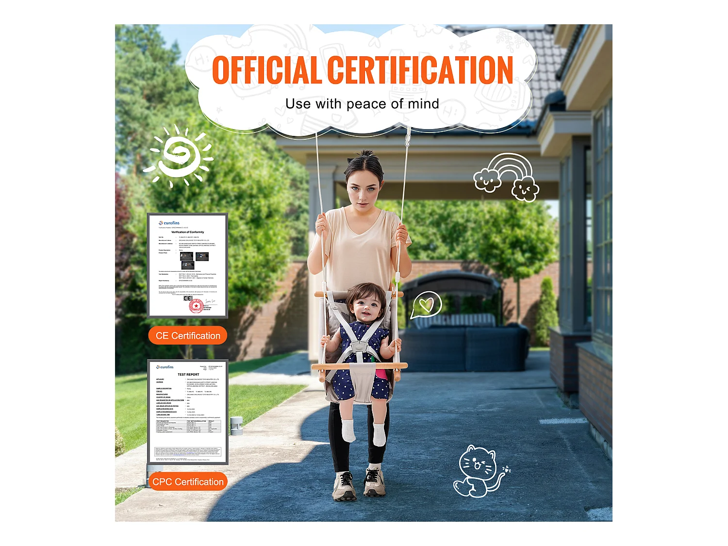 Siège de Balançoire Hamac en Toile SucceBuy, Balançoire pour Bébé à 3 Modes, Harnais à 5 Points, Utilisation Intérieure/Extérieure