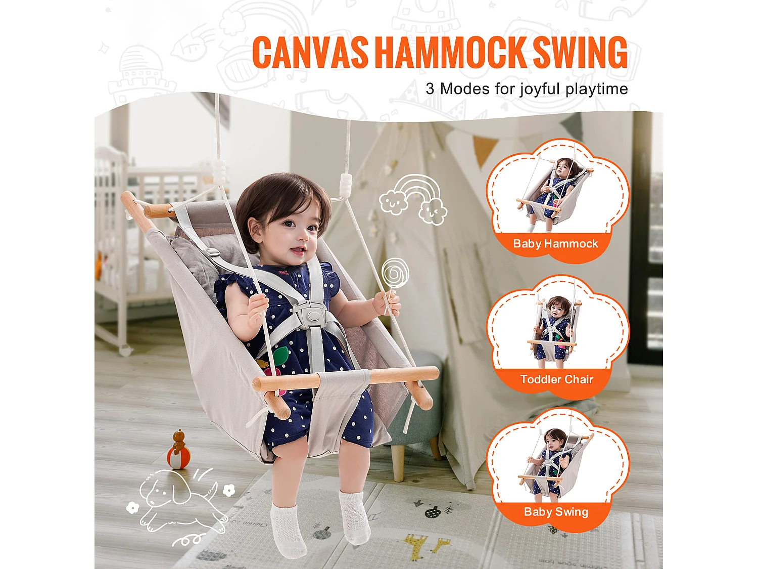 Siège de Balançoire Hamac en Toile SucceBuy, Balançoire pour Bébé à 3 Modes, Harnais à 5 Points, Utilisation Intérieure/Extérieure