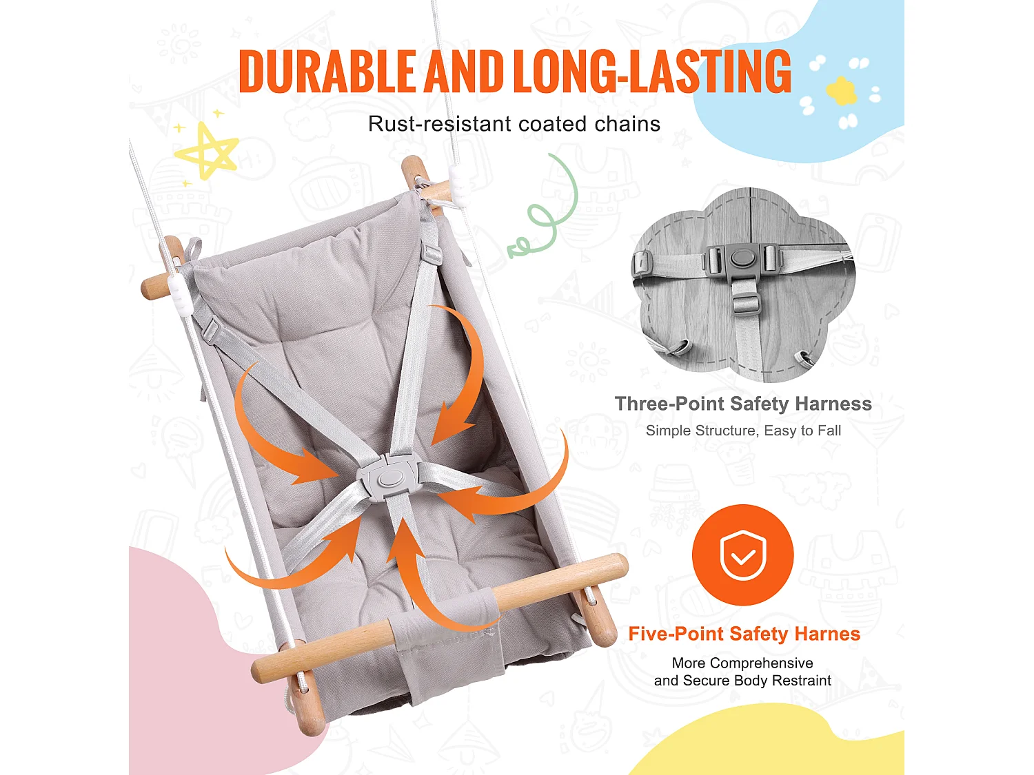 Siège de Balançoire Hamac en Toile SucceBuy, Balançoire pour Bébé à 3 Modes, Harnais à 5 Points, Utilisation Intérieure/Extérieure