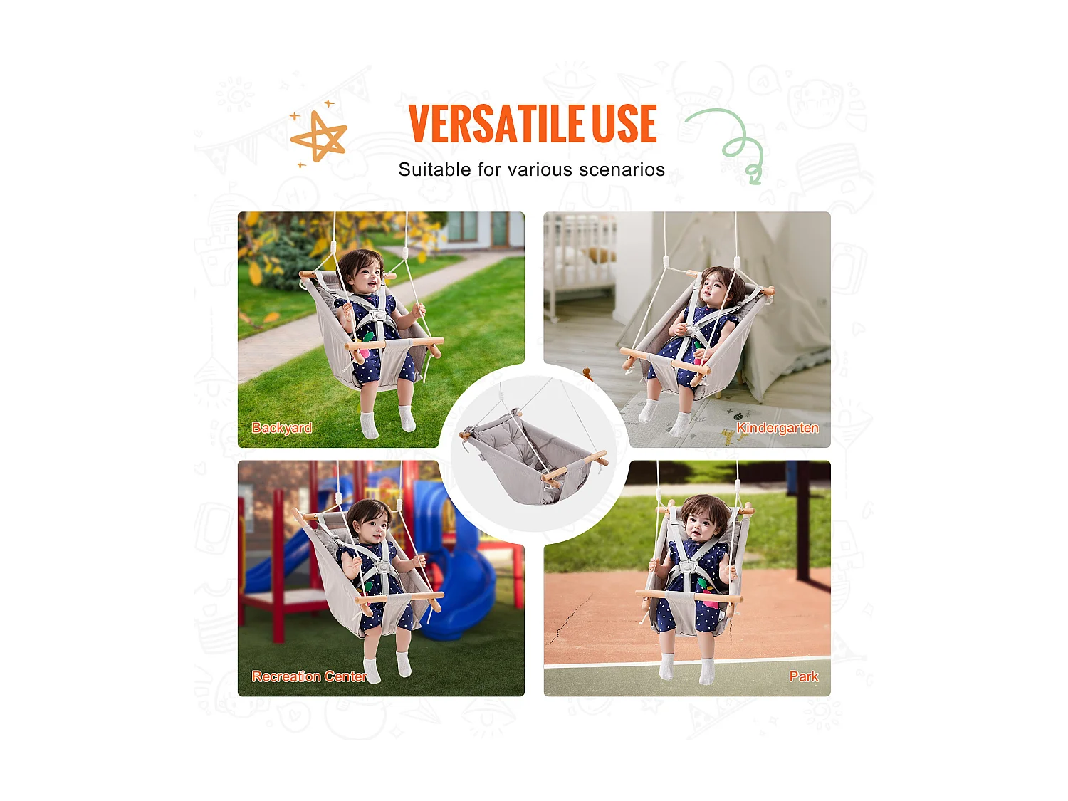 Siège de Balançoire Hamac en Toile SucceBuy, Balançoire pour Bébé à 3 Modes, Harnais à 5 Points, Utilisation Intérieure/Extérieure