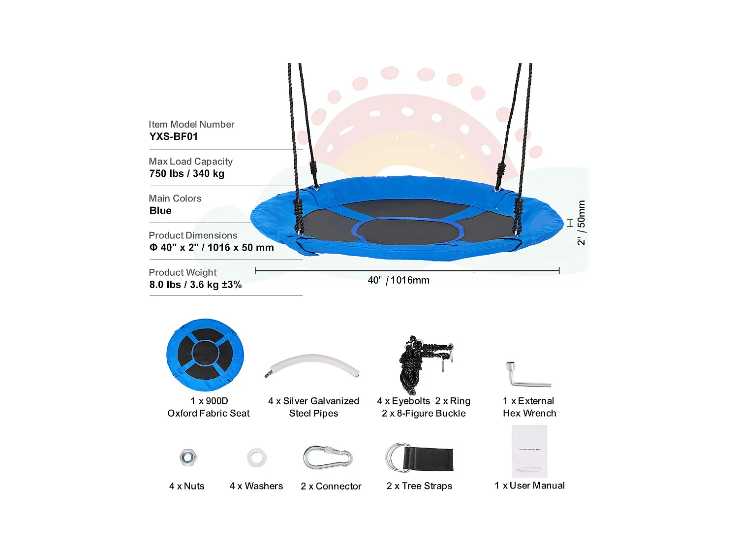 Balançoire Nid d’Oiseau SucceBuy 101.6cm Balançoire soucoupe Capacité 340.2kg 900D Oxford Bleu