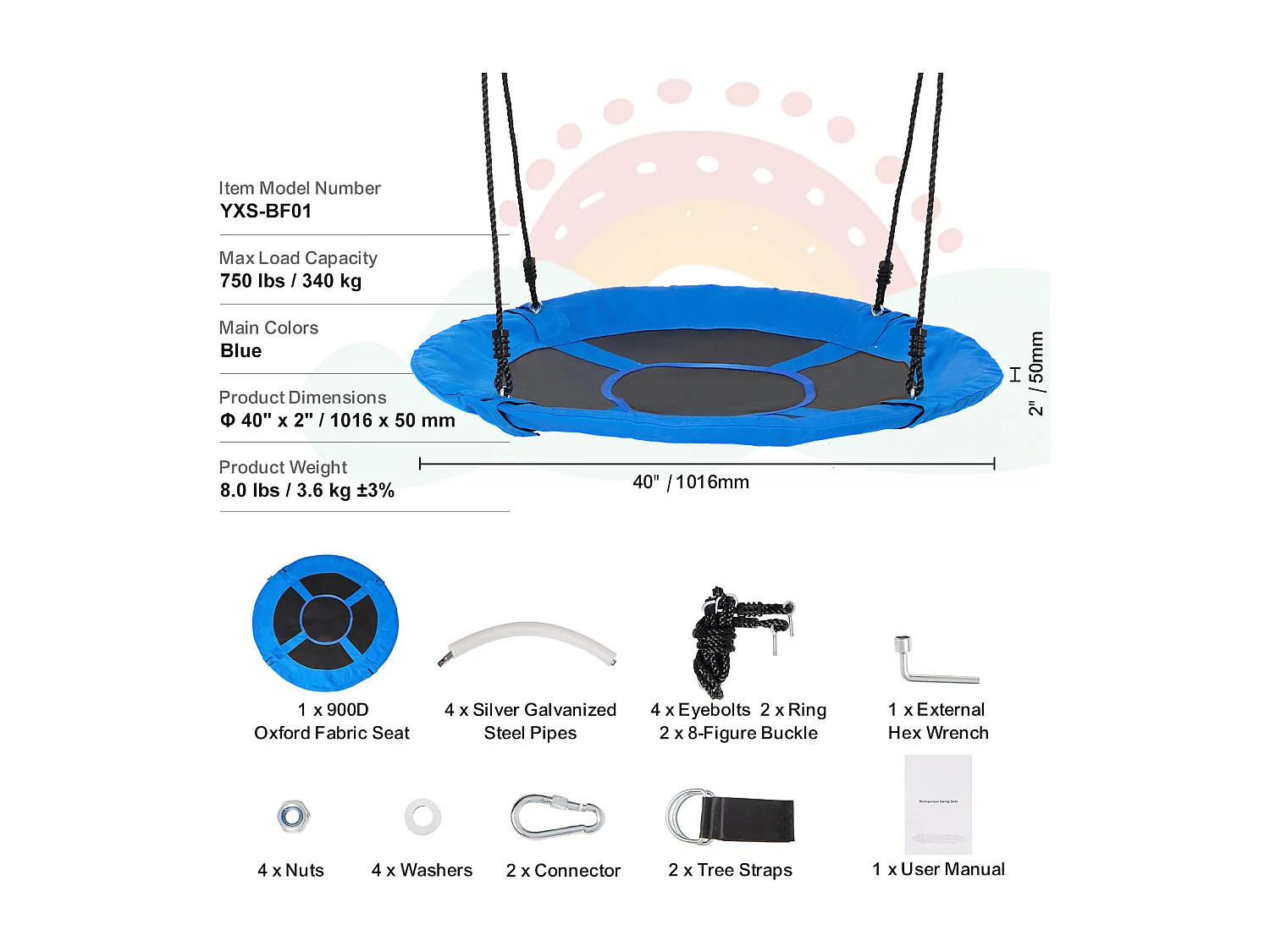 Balançoire Nid d’Oiseau SucceBuy 101.6cm Balançoire soucoupe Capacité 340.2kg 900D Oxford Bleu