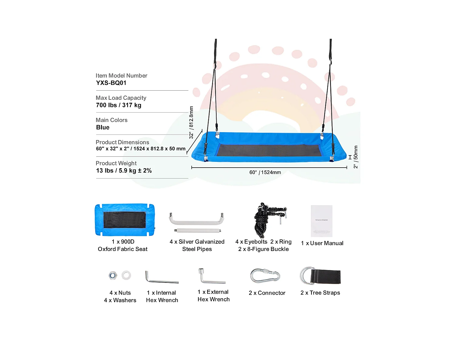 Columpio De Plataforma SucceBuy De 152,4 Cm, Columpio De Árbol Para Niños, Capacidad De 317,5 Kg