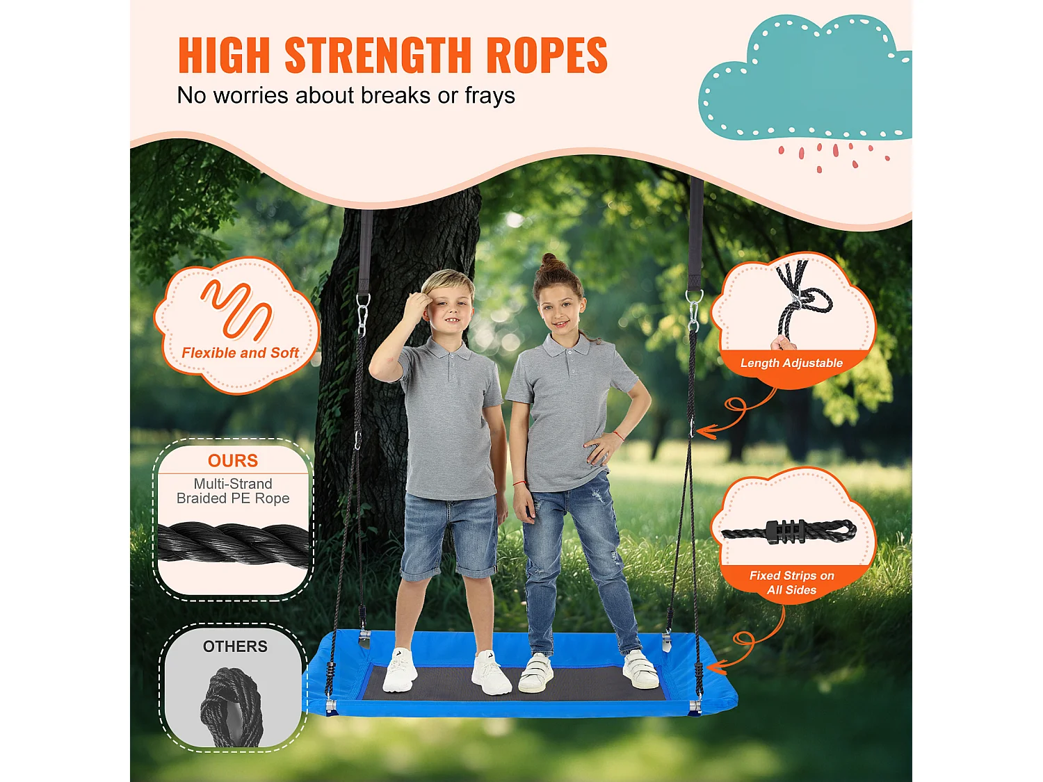 Balançoire à Plateforme SucceBuy de 152.4cm, Balançoire d'Arbre pour Enfants, Capacité de 317.5kg