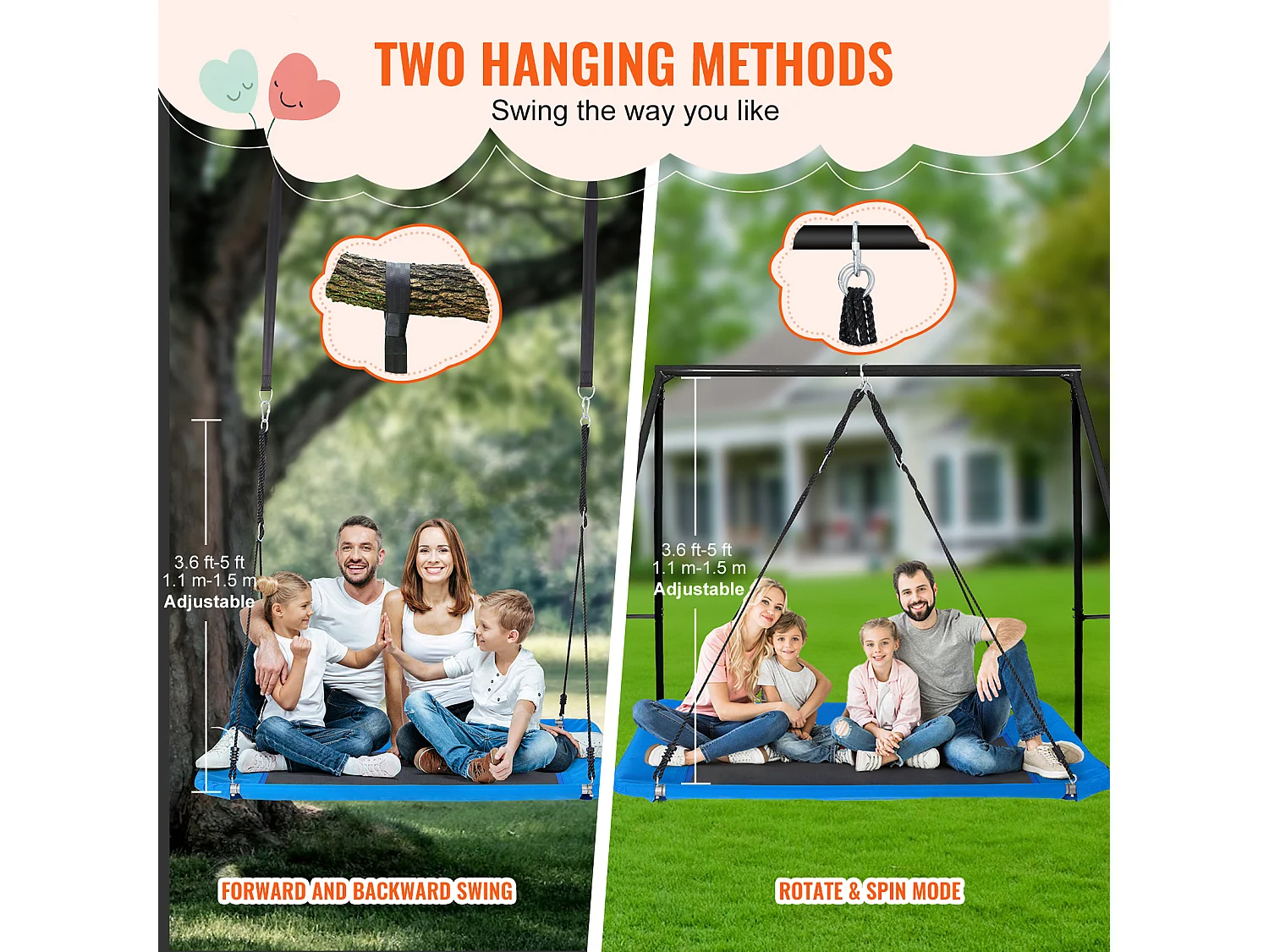 Balançoire à Plateforme SucceBuy de 152.4cm, Balançoire d'Arbre pour Enfants, Capacité de 317.5kg