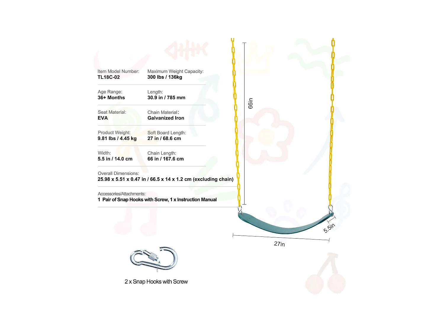 Sièges de Balançoire SucceBuy, Lot de 2, Remplacement pour Balançoire d'Extérieur, Chaîne de 168cm