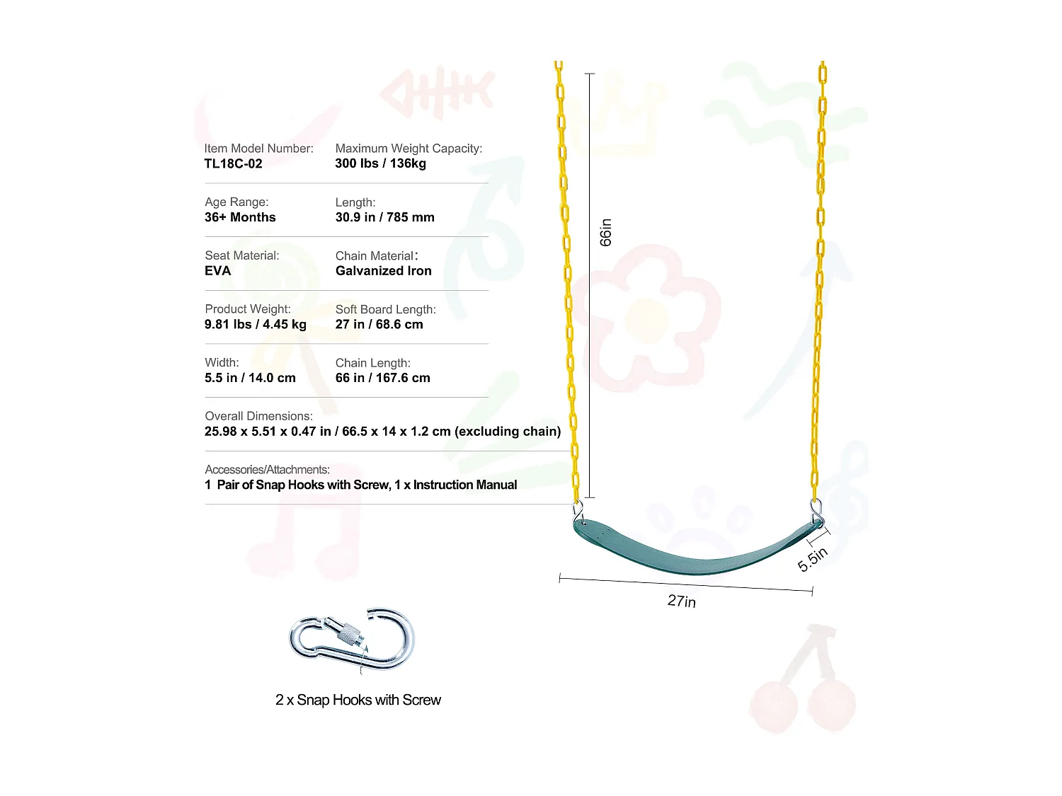 Sièges de Balançoire SucceBuy, Lot de 2, Remplacement pour Balançoire d'Extérieur, Chaîne de 168cm