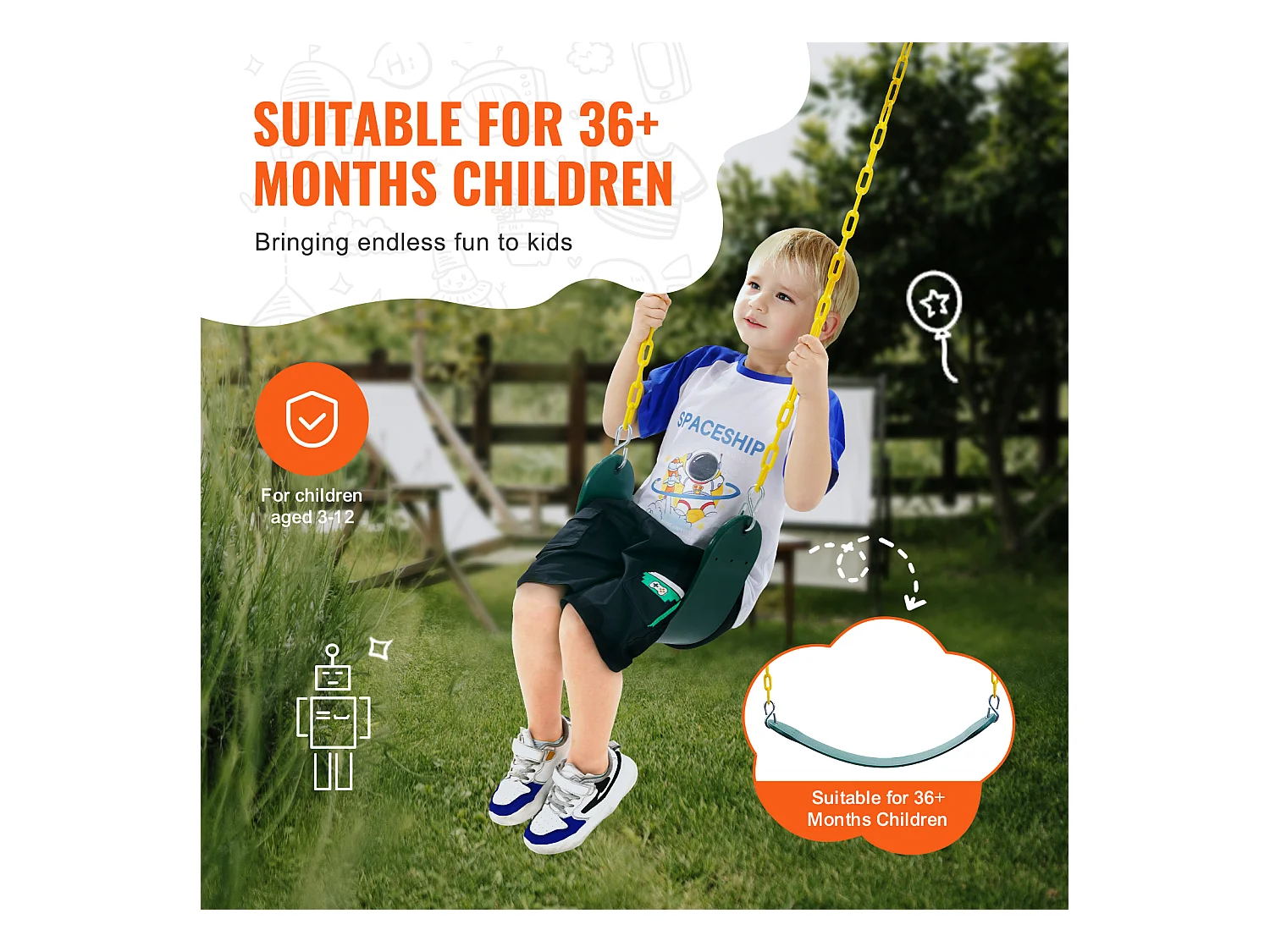 Sièges de Balançoire SucceBuy, Lot de 2, Remplacement pour Balançoire d'Extérieur, Chaîne de 168cm