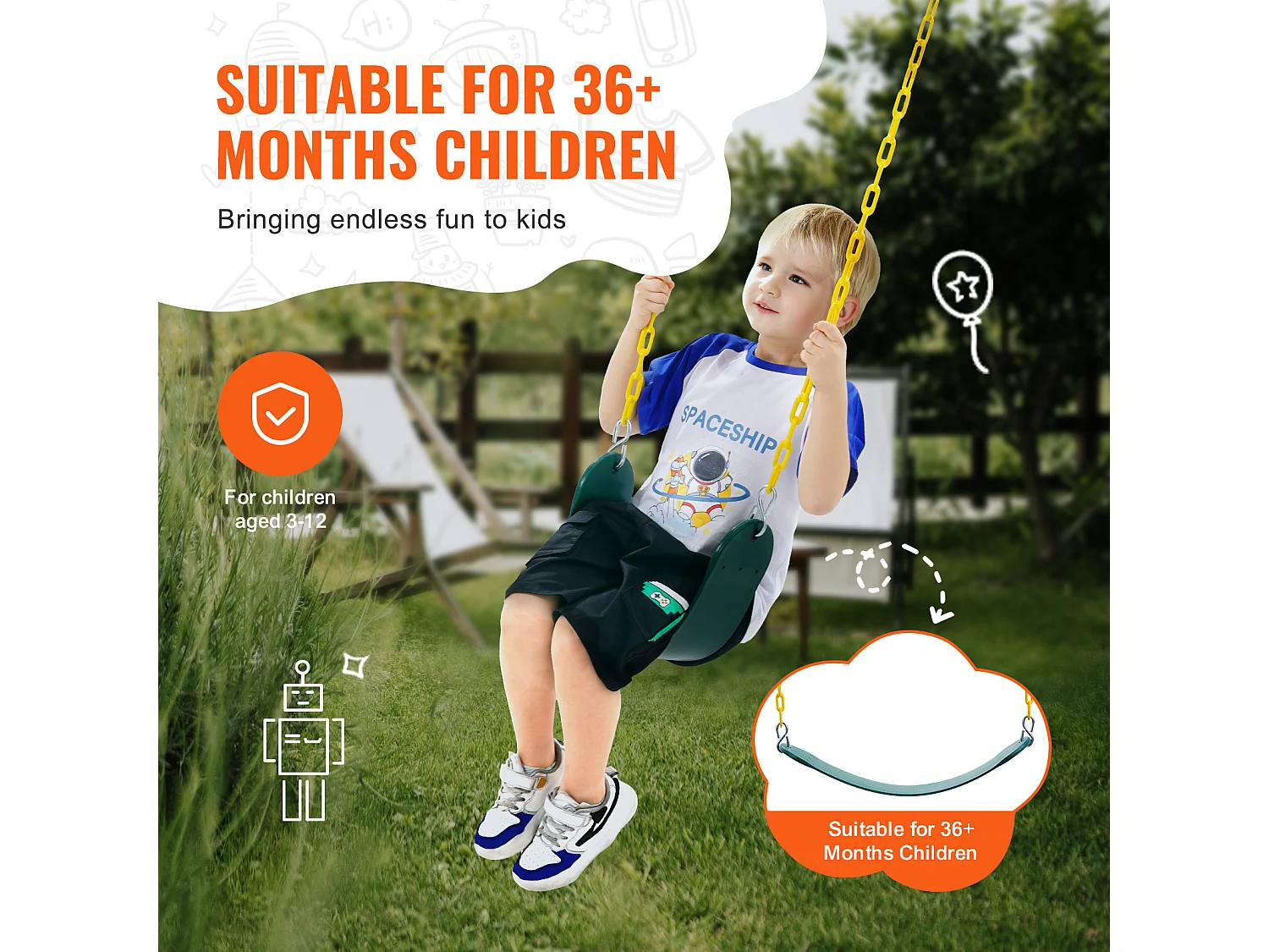 Sièges de Balançoire SucceBuy, Lot de 2, Remplacement pour Balançoire d'Extérieur, Chaîne de 168cm