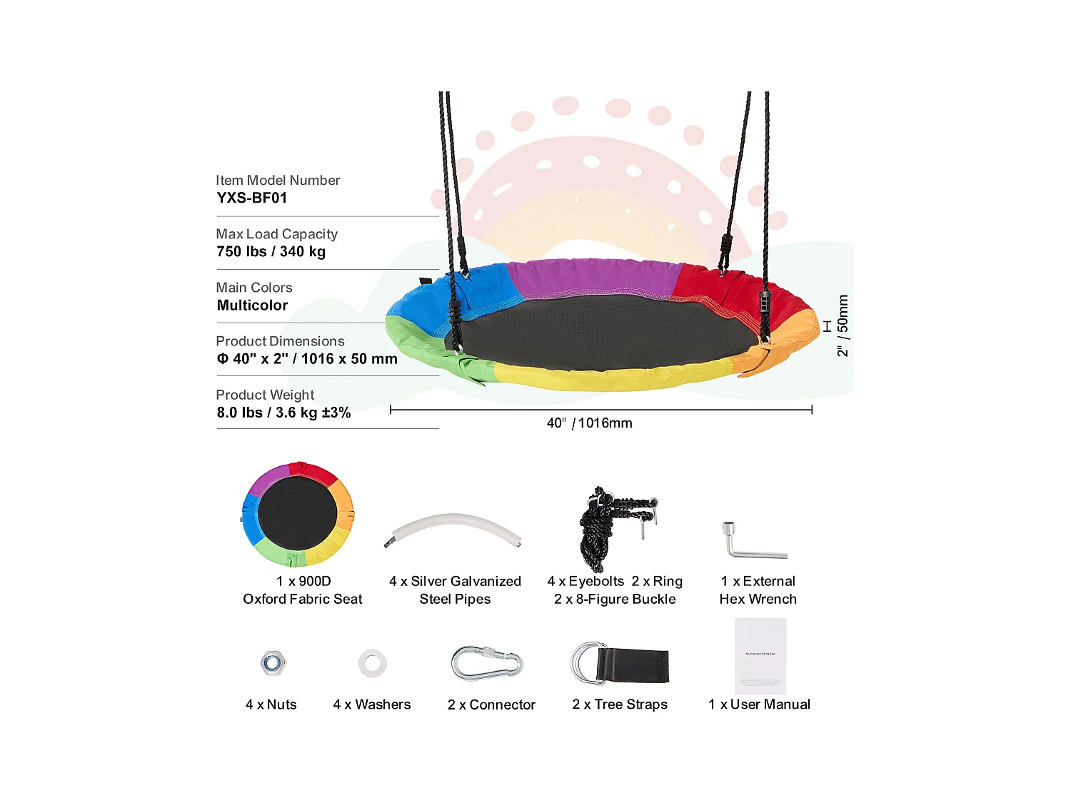 Balançoire Nid d’Oiseau SucceBuy 101.6cm Balançoire soucoupe Capacité de 340.2kg Oxford 900D Multicolore