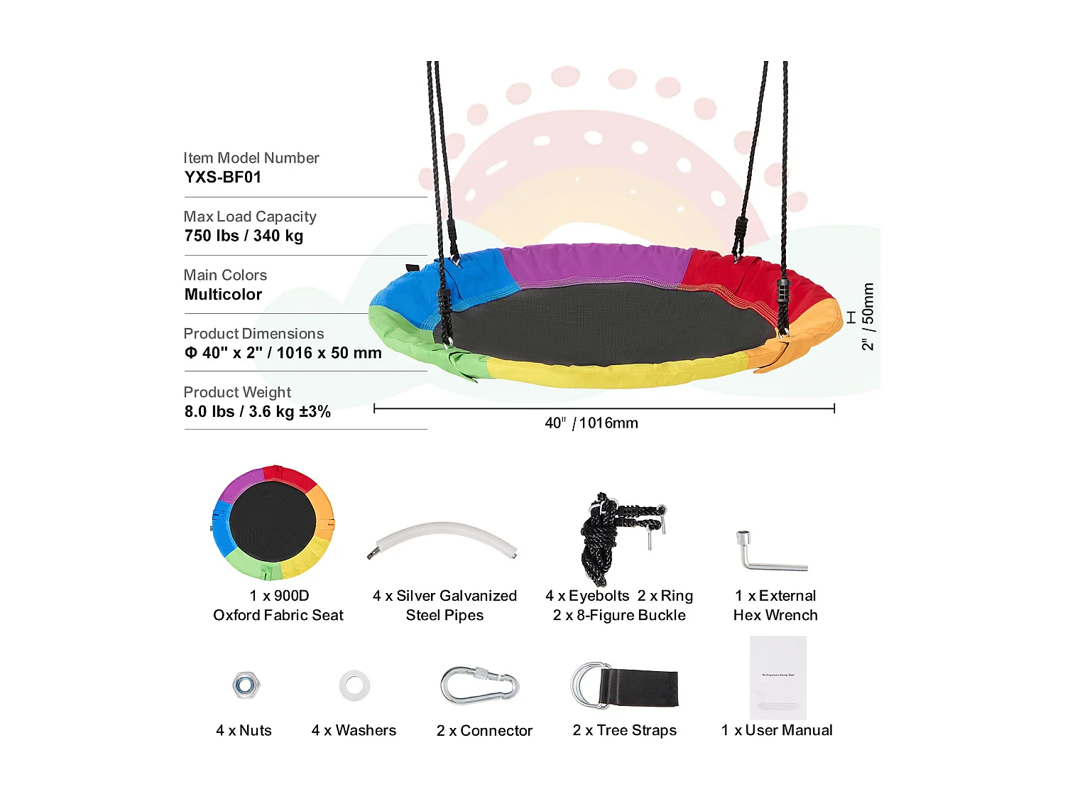 Balançoire Nid d’Oiseau SucceBuy 101.6cm Balançoire soucoupe Capacité de 340.2kg Oxford 900D Multicolore