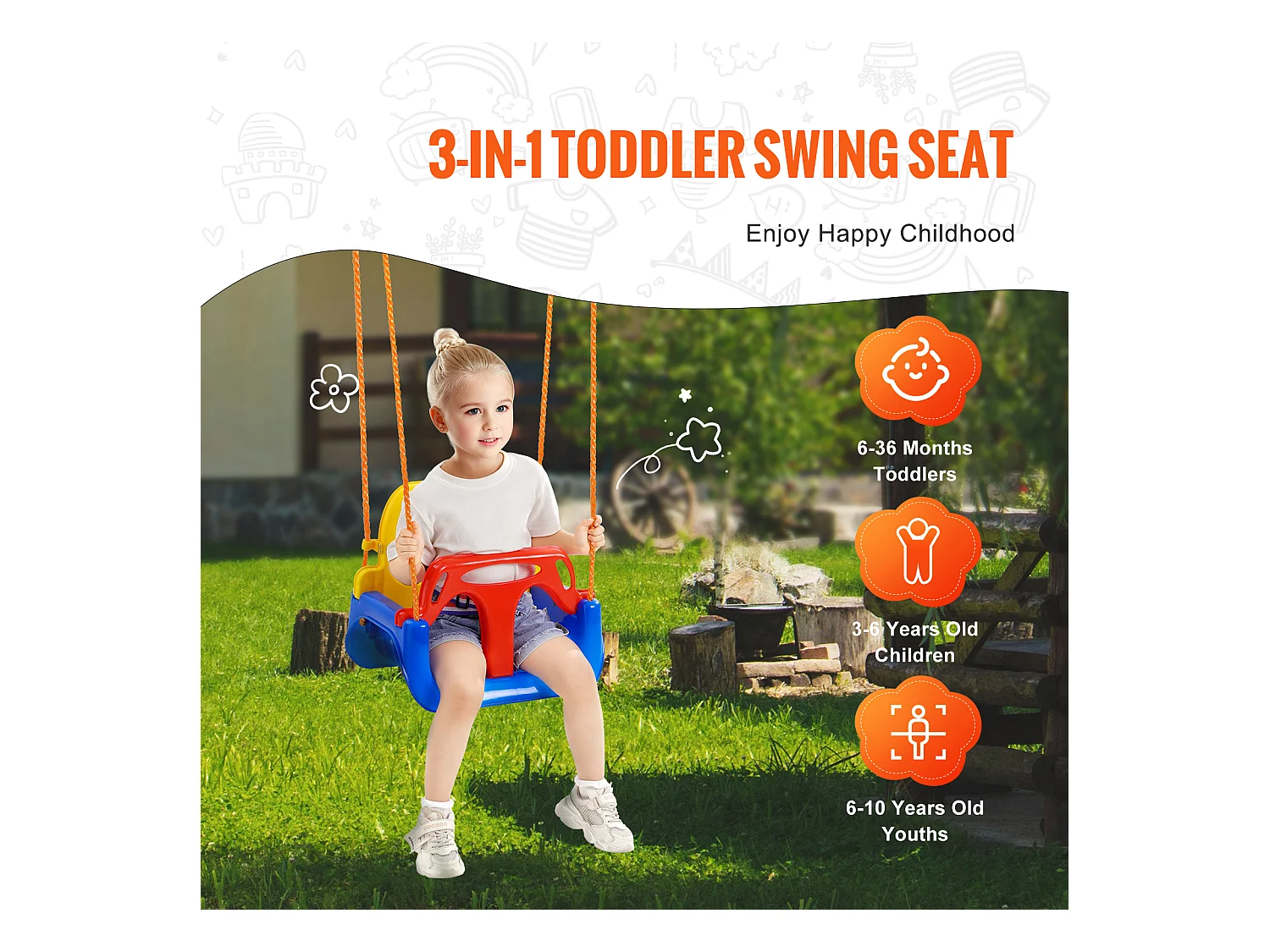 Siège de Balançoire pour Tout-Petit 3 en 1 SucceBuy, Balançoire pour Bébé avec Cordes Réglables et Mousquetons