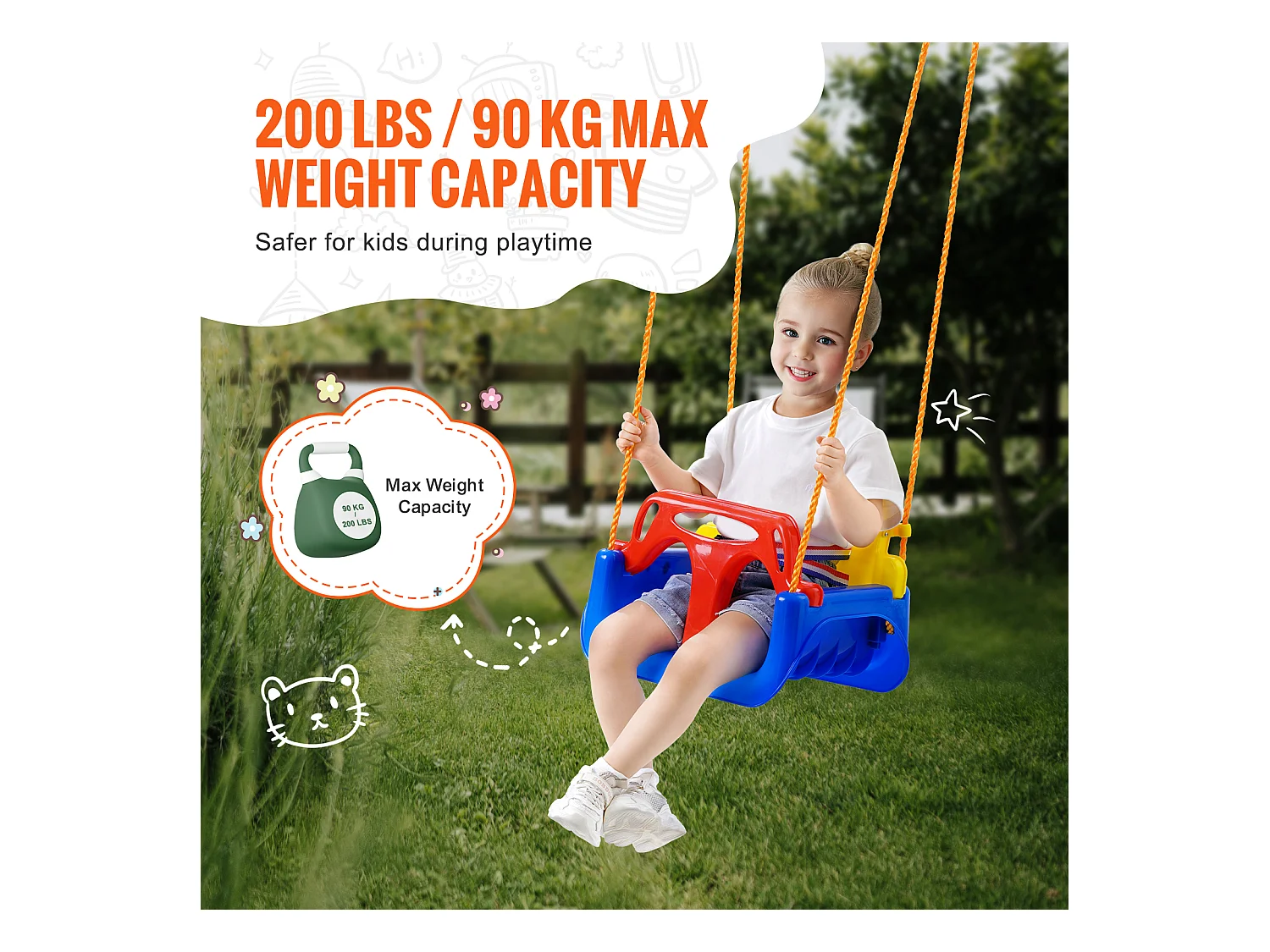 Siège de Balançoire pour Tout-Petit 3 en 1 SucceBuy, Balançoire pour Bébé avec Cordes Réglables et Mousquetons