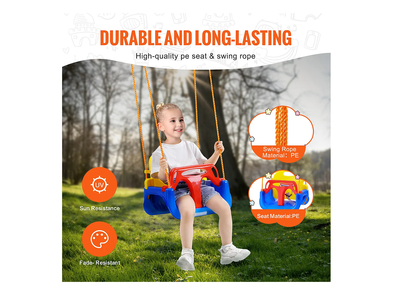 Siège de Balançoire pour Tout-Petit 3 en 1 SucceBuy, Balançoire pour Bébé avec Cordes Réglables et Mousquetons