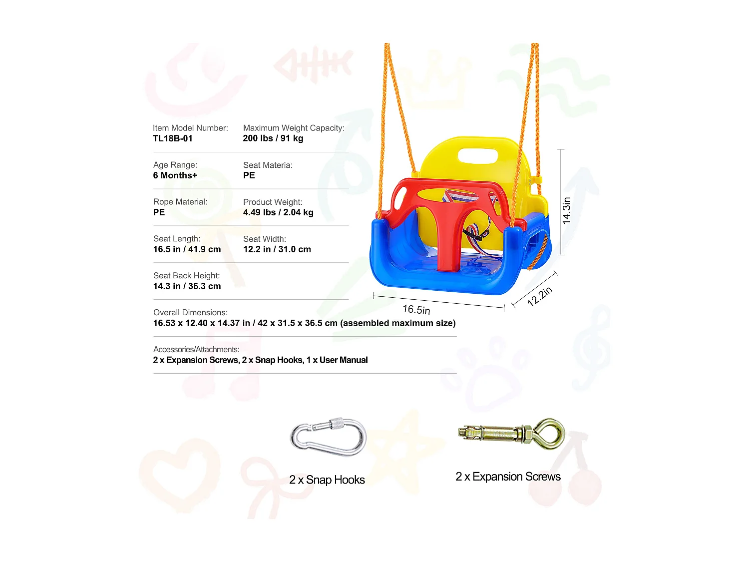 Siège de Balançoire pour Tout-Petit 3 en 1 SucceBuy, Balançoire pour Bébé avec Cordes Réglables et Mousquetons